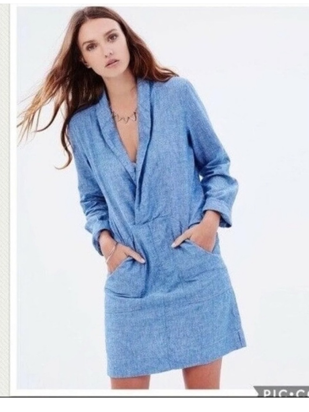 Free‎ People Done Up in Denim Chambray Dress Womens M/L Blue Linen Boho